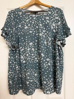 Lane Bryant Teal Floral Ruffle Sleeve Blouse